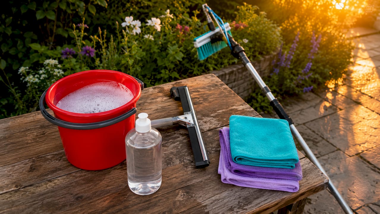Professional window cleaning tools and supplies
