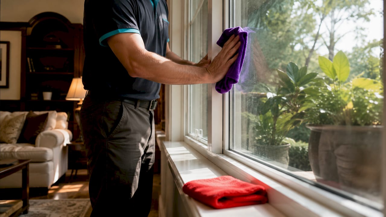Hands wiping window with microfiber cloth