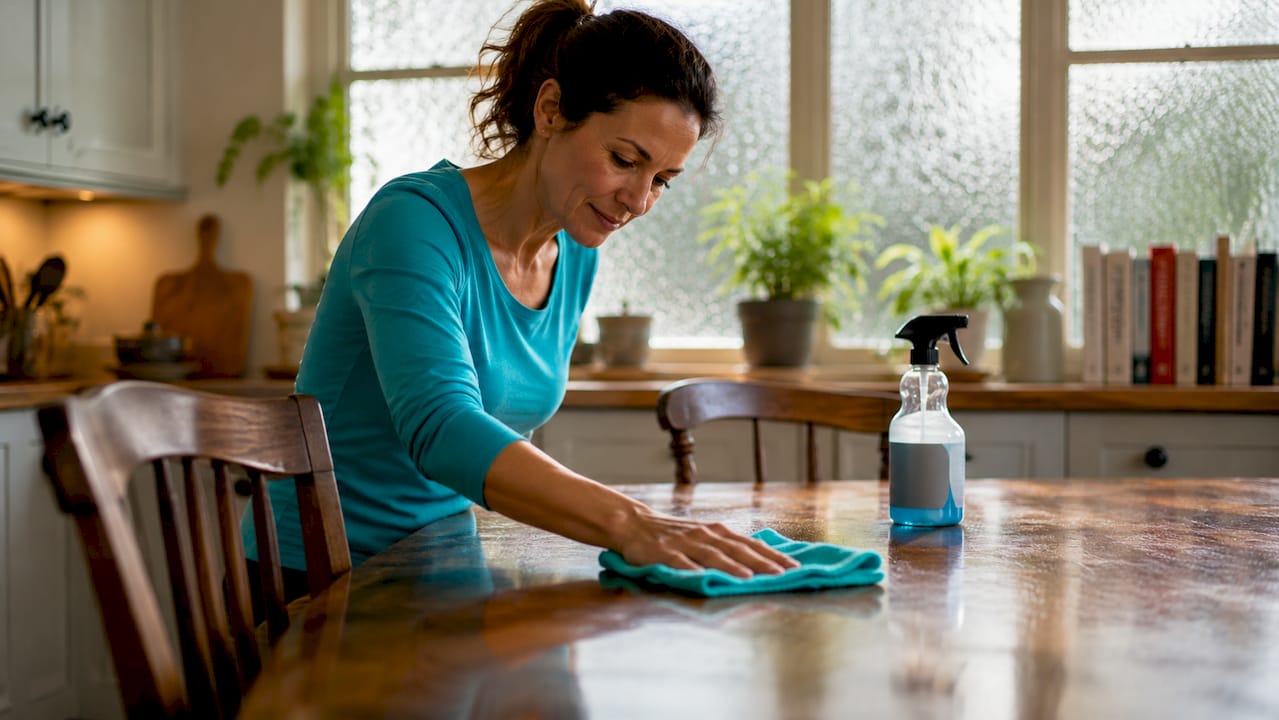 Woman dusting glass table in living room
