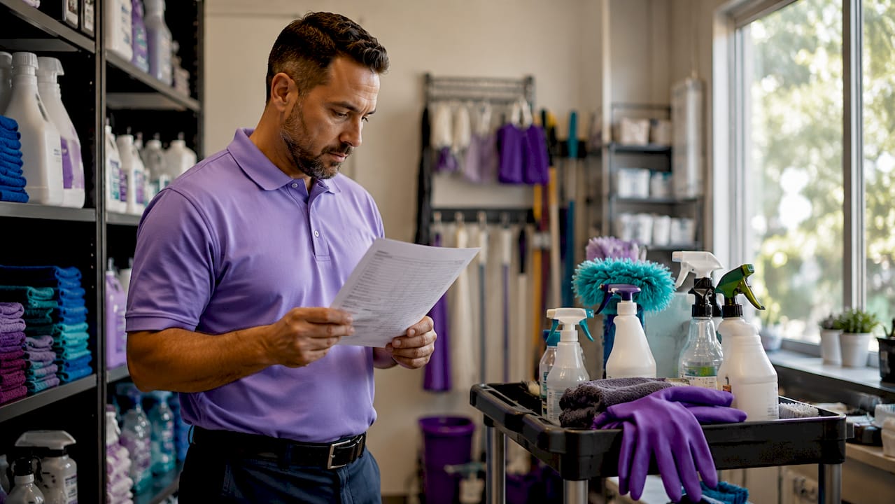 Supervisor reviewing cleaning checklist near janitorial cart