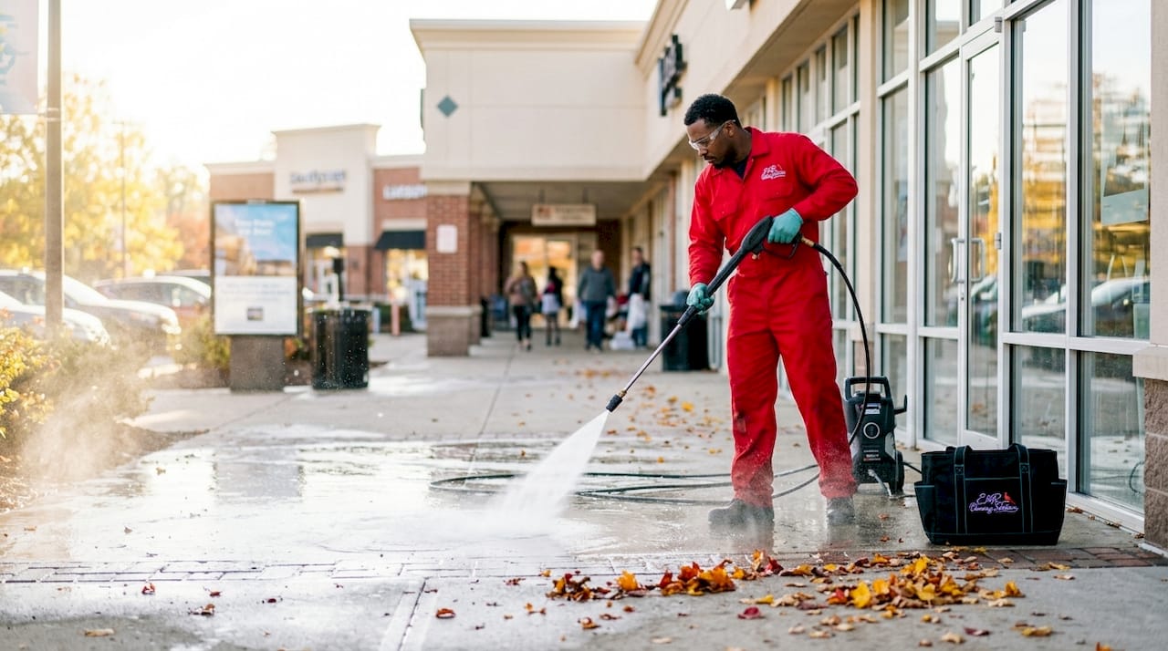 Pressure washing retail entrance pavement outdoors