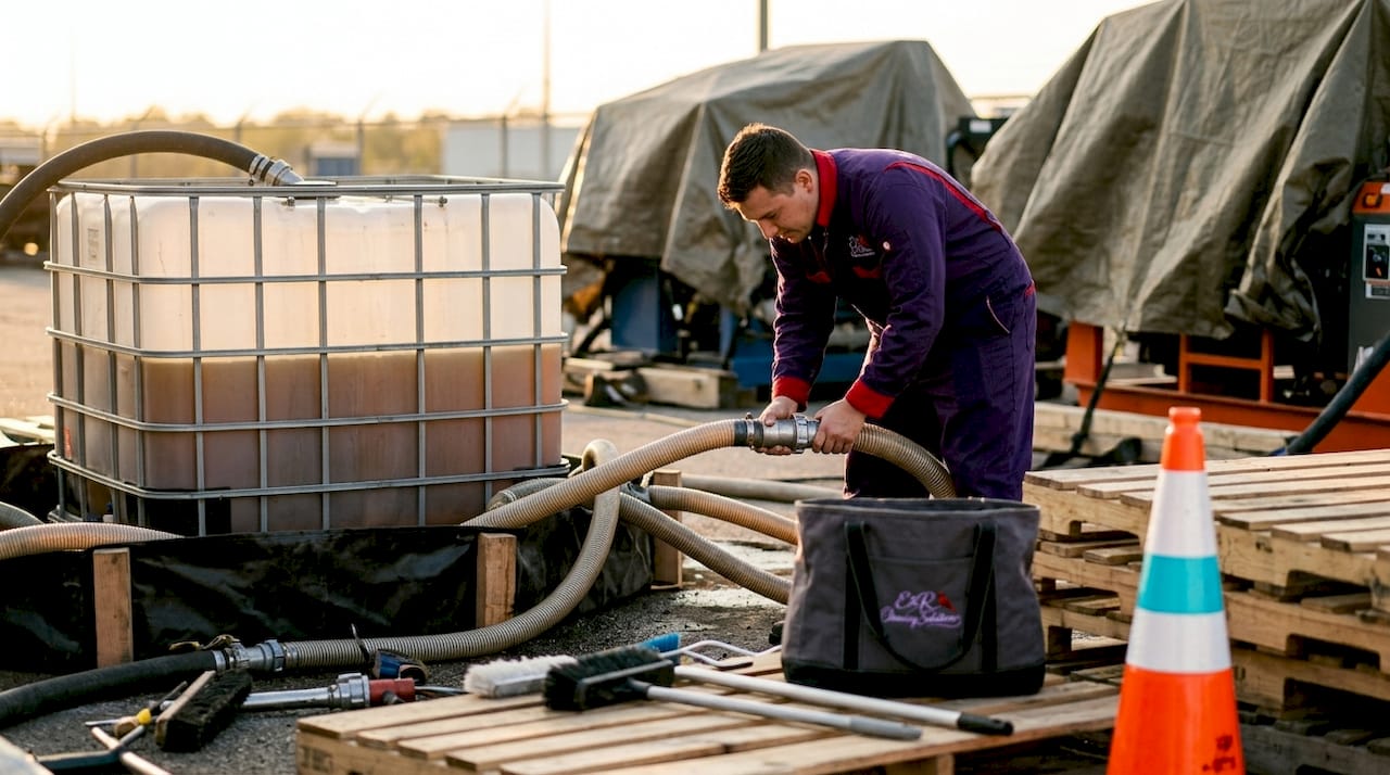 Technician hands adjusting vacuum water collection system