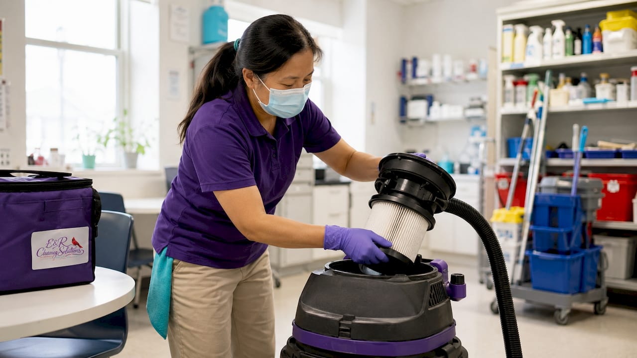 Worker handling HEPA vacuum in hospital corridor