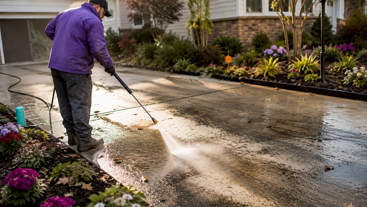 Close-up cleaning driveway with pressure washer
