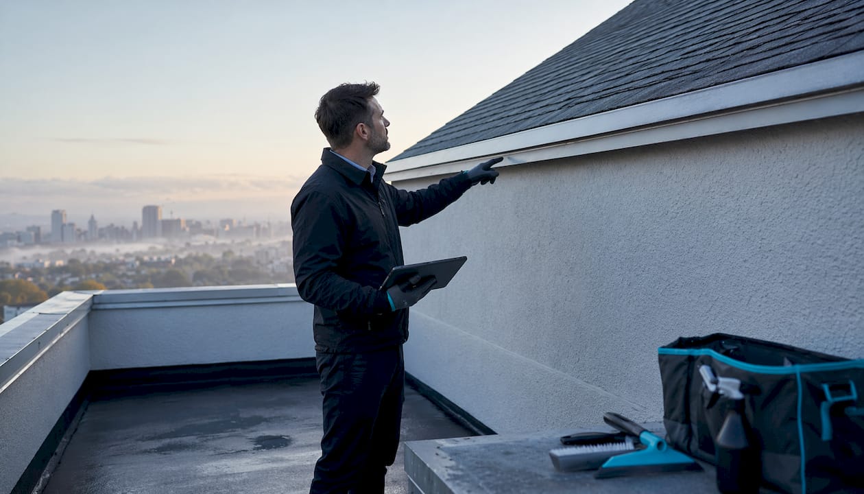 Property manager inspecting cleaned commercial building surfaces