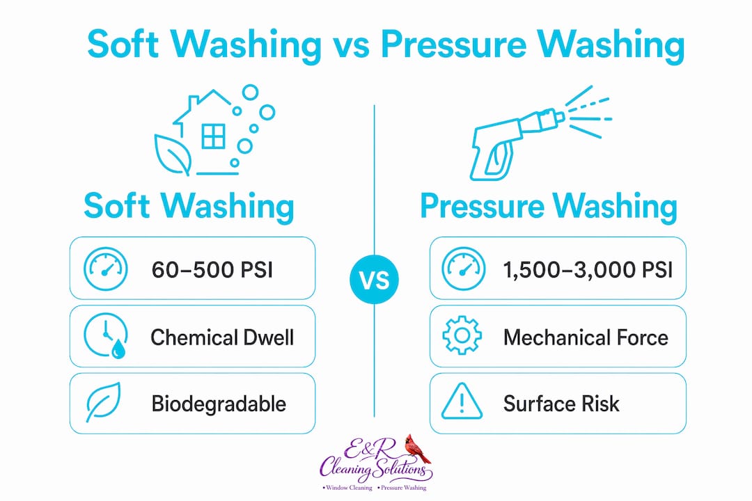 Infographic comparing soft washing and pressure washing