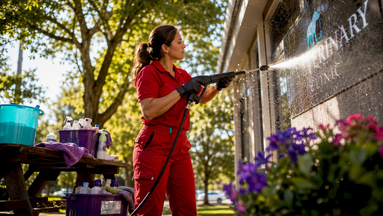 Technician pressure washing veterinary clinic exterior