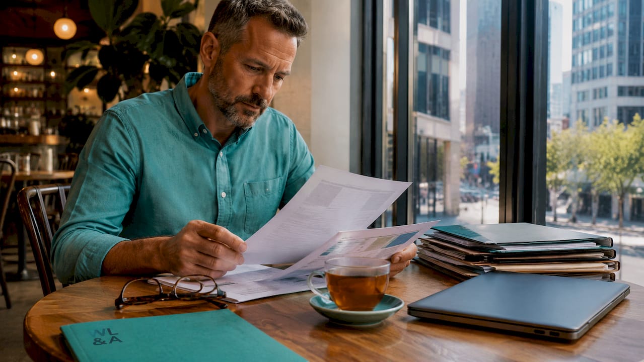 Man at desk reviewing property title documents