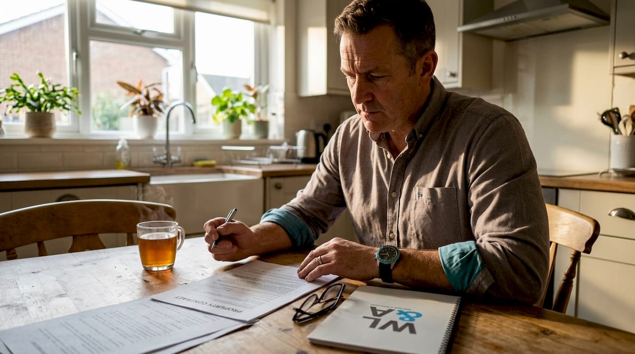 Man reviewing real estate contract at home desk