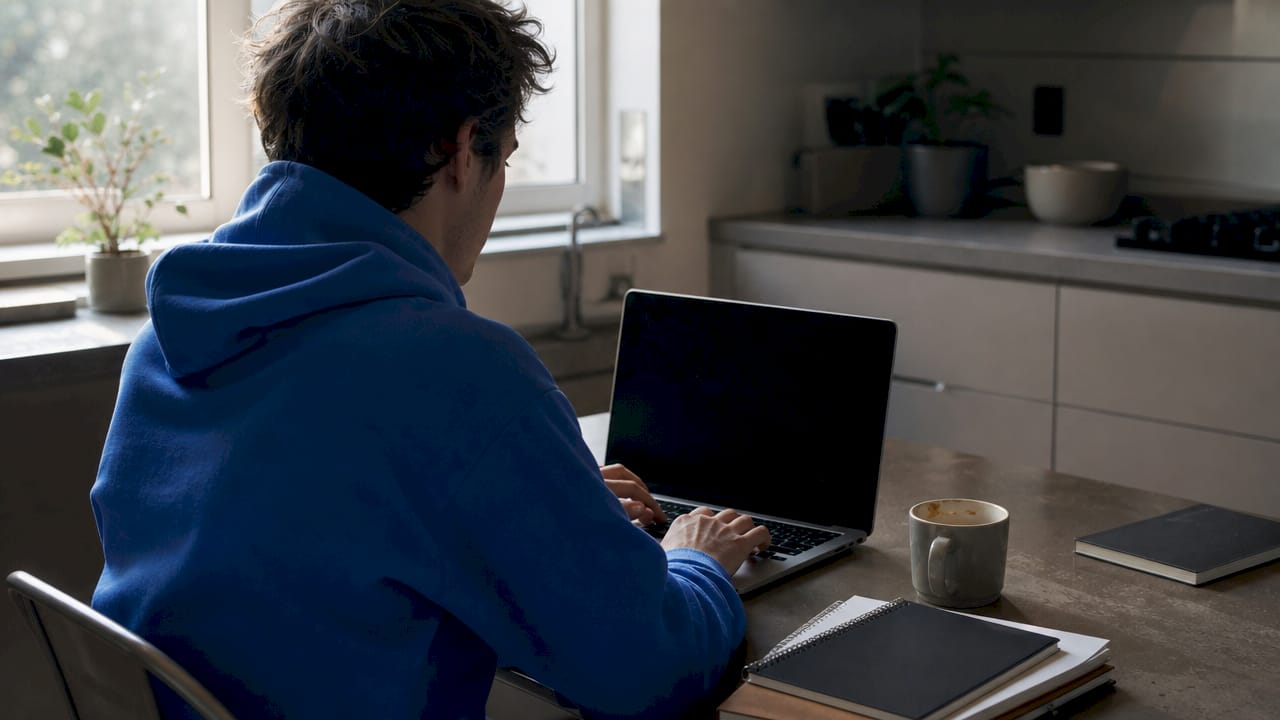 Hands typing on laptop in dim bedroom