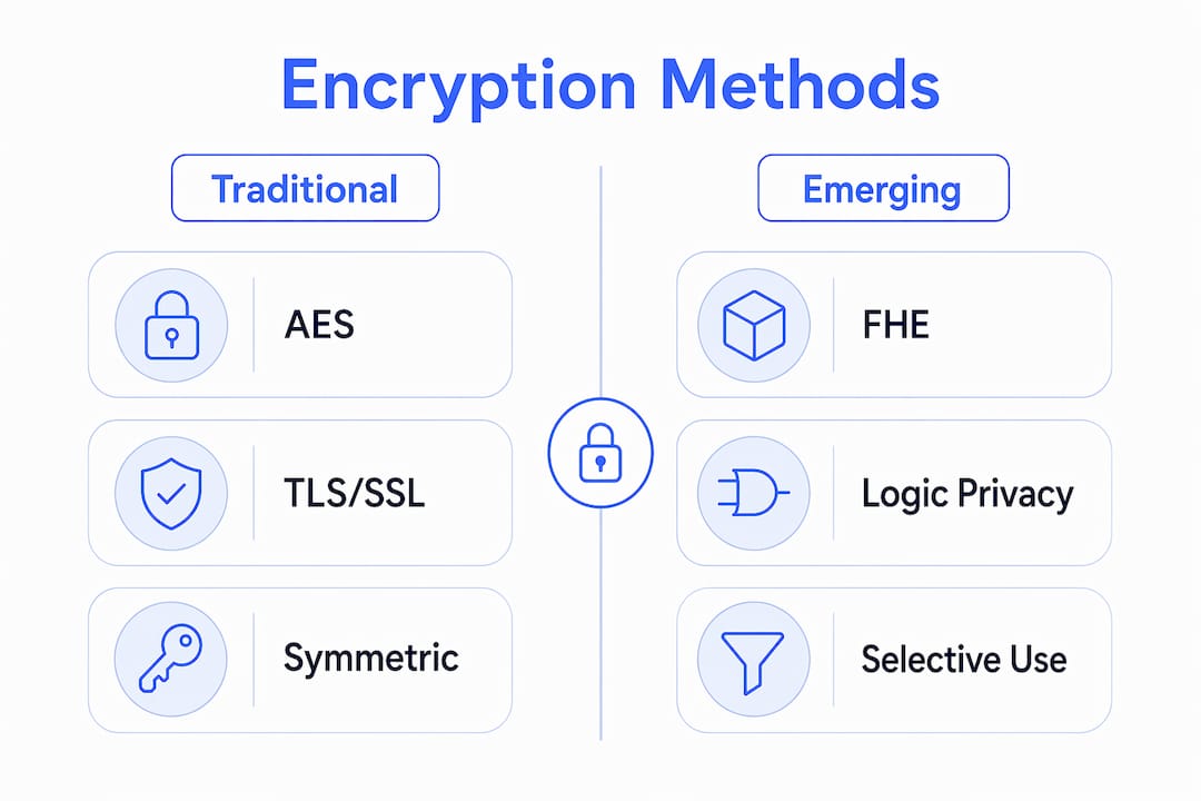 Infographic comparing traditional vs emerging encryption methods