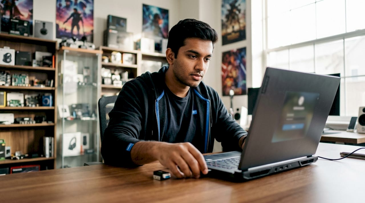 Hands adjusting anti-cheat hardware on gaming laptop