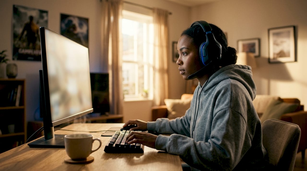 Gamer reviewing gameplay for cheat detection analysis
