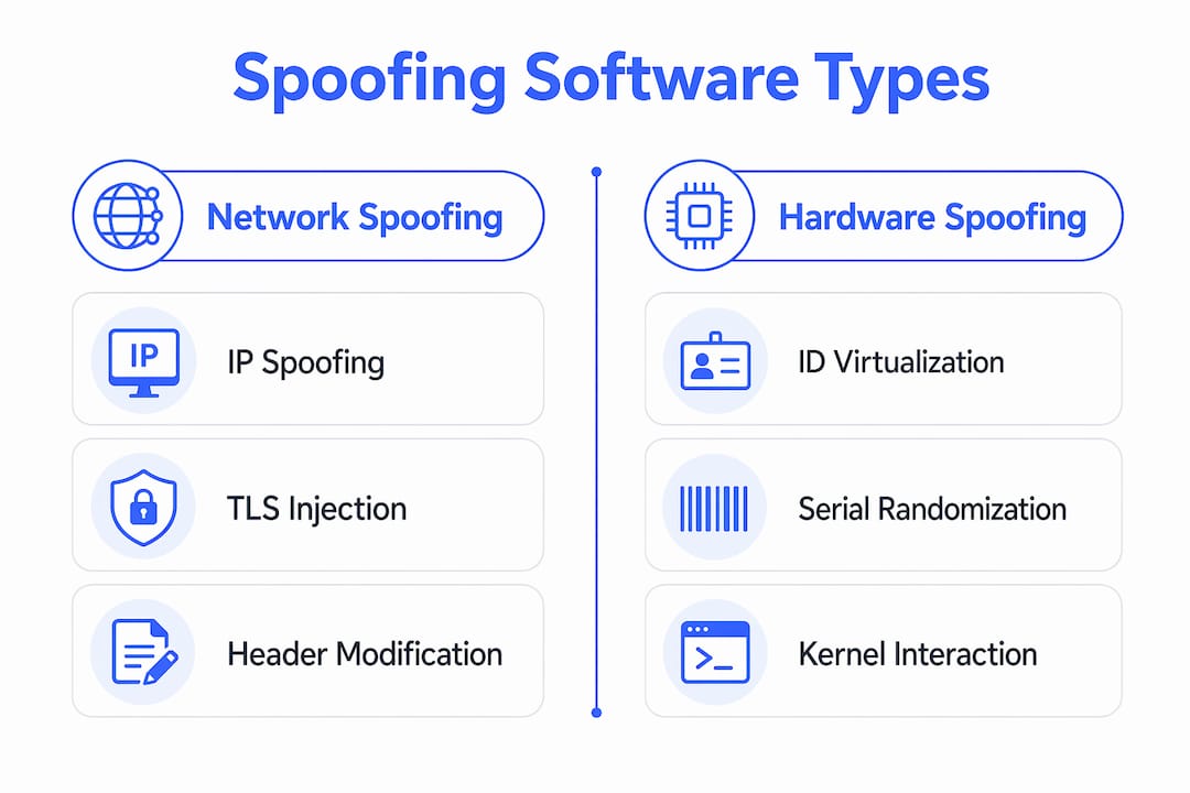 Infographic comparing network and hardware spoofing types