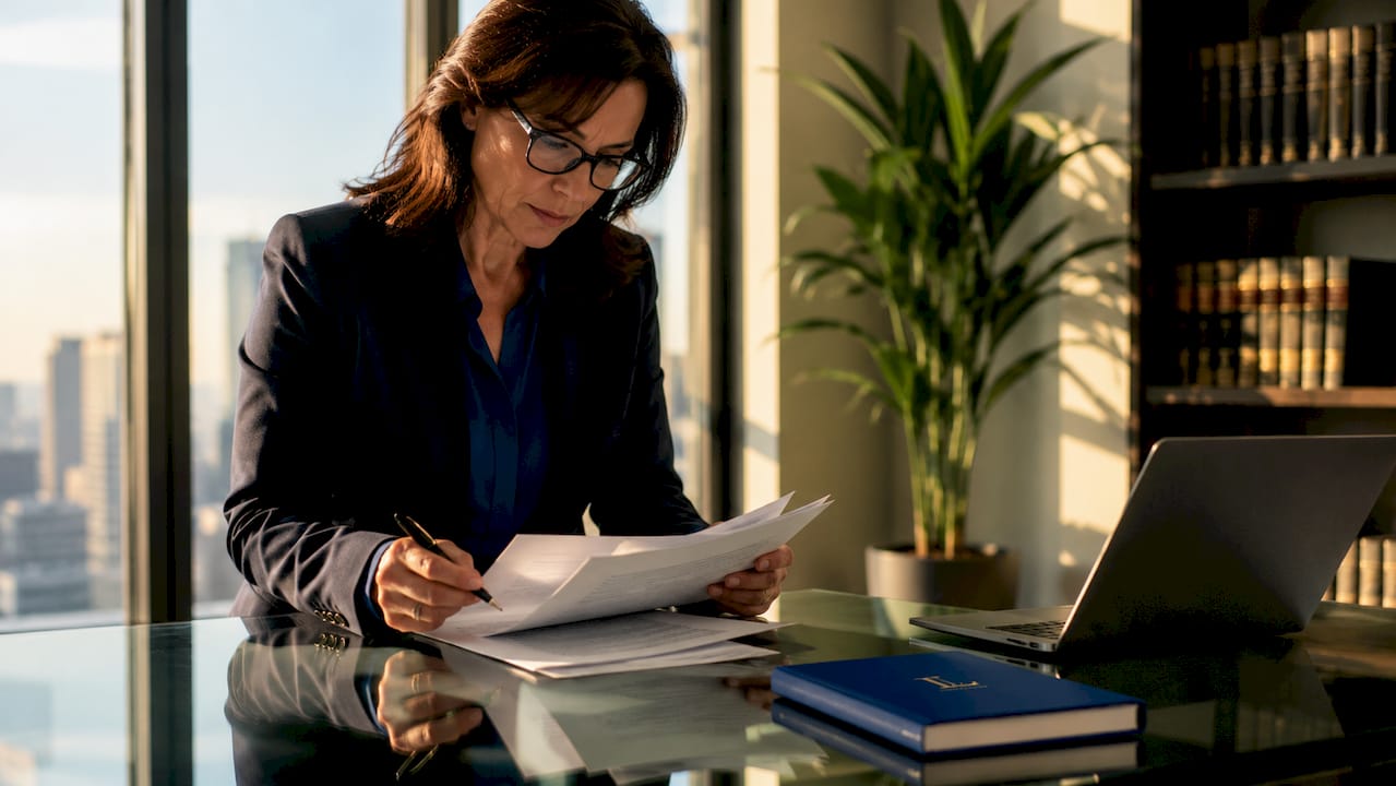 Business lawyer reviewing contracts at desk