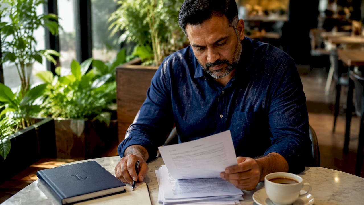 Person reviewing printed legal documents at home desk