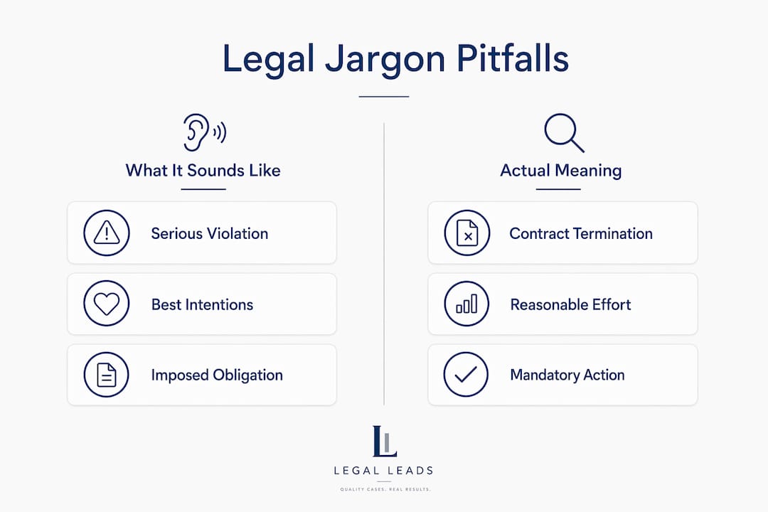 Infographic comparing common legal terms versus their actual meanings