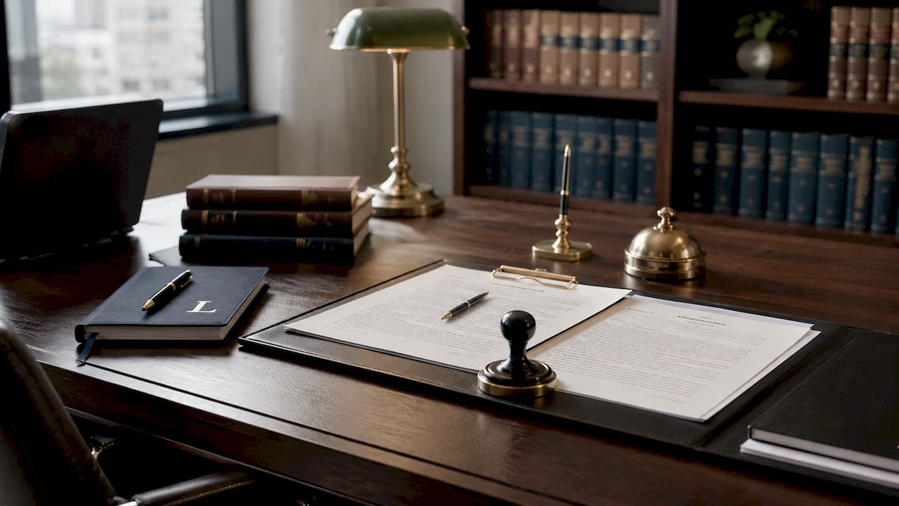 Close-up of legal verification documents and seal stamp