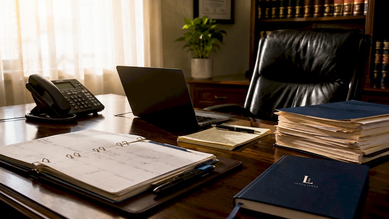 Lawyer's workspace with calendar and case files