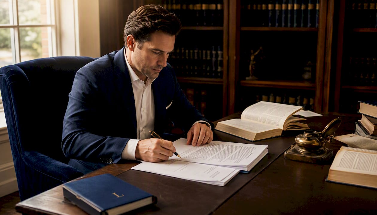 Over-the-shoulder view of person analyzing liability clauses