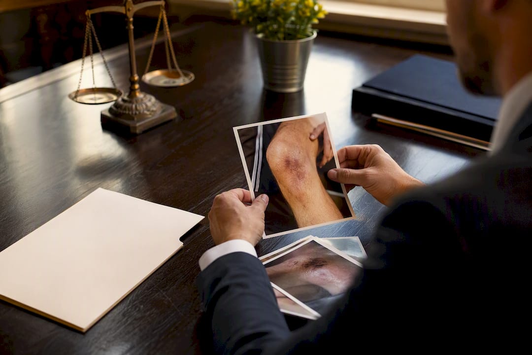 Hands holding smartphone reviewing injury photos