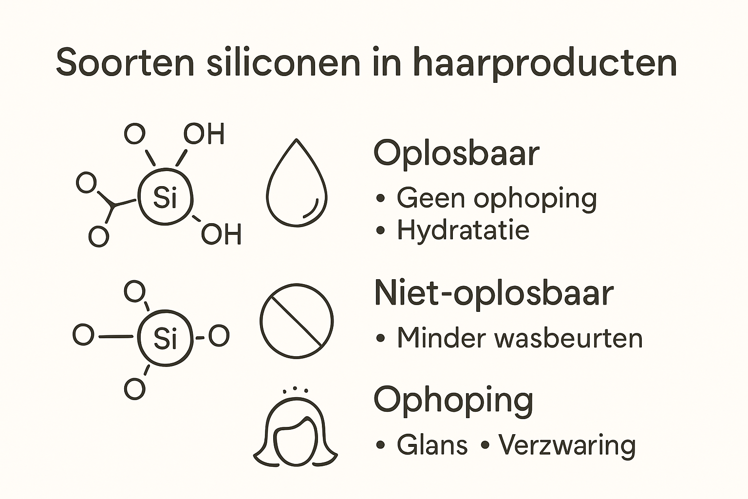 Infographic met overzicht van soorten siliconen in haarproducten en hun effecten