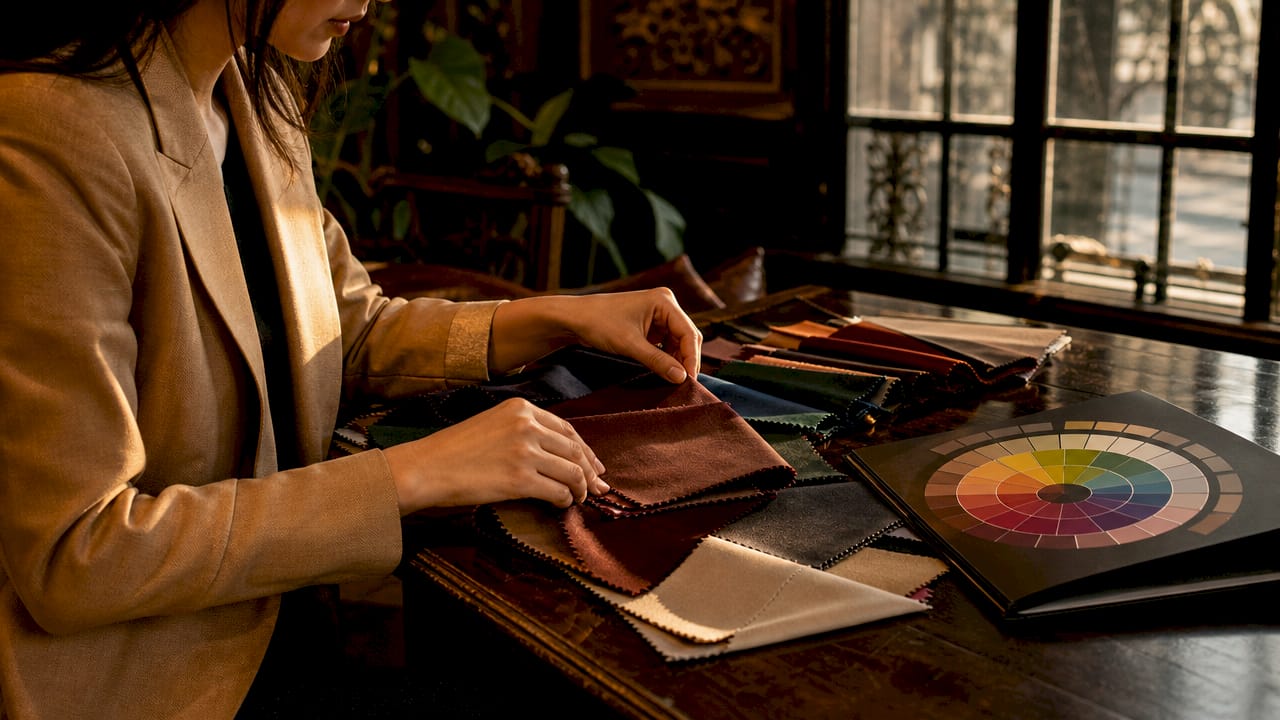 Hands comparing colored fabric swatches