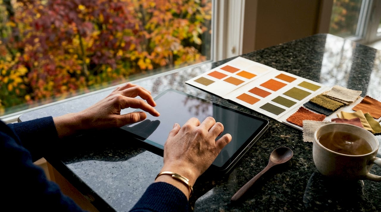 Hands holding tablet with fashion color palettes nearby