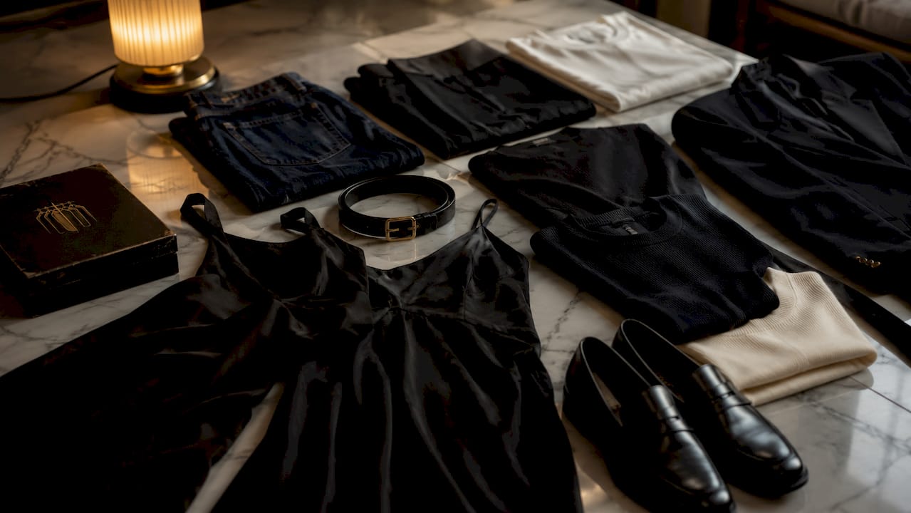 Flat lay of 10 minimalist wardrobe core clothing pieces