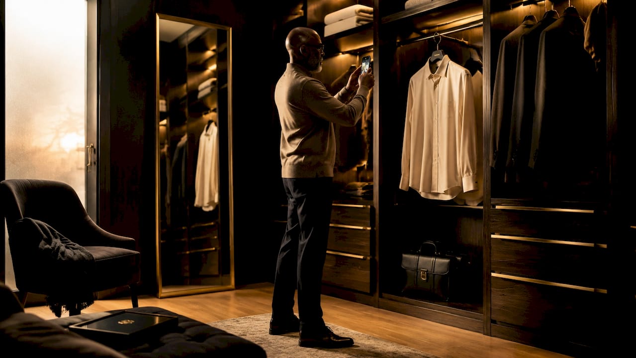 Man photographing shirt for digital wardrobe