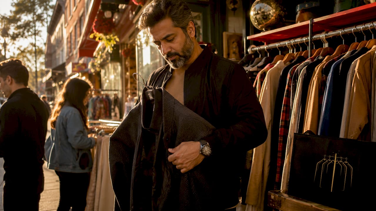 Man examining jacket in thrift store