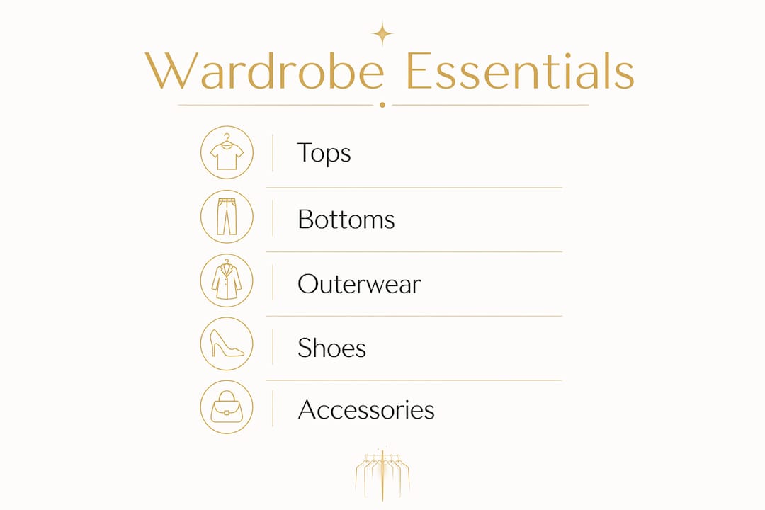 Infographic displaying core wardrobe essential categories