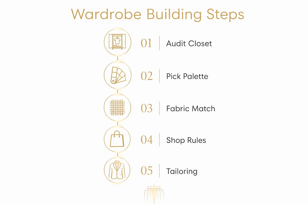 Infographic illustrating five steps to build low-maintenance wardrobe