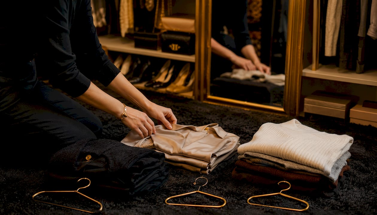 Hands sorting clothes into three wardrobe piles