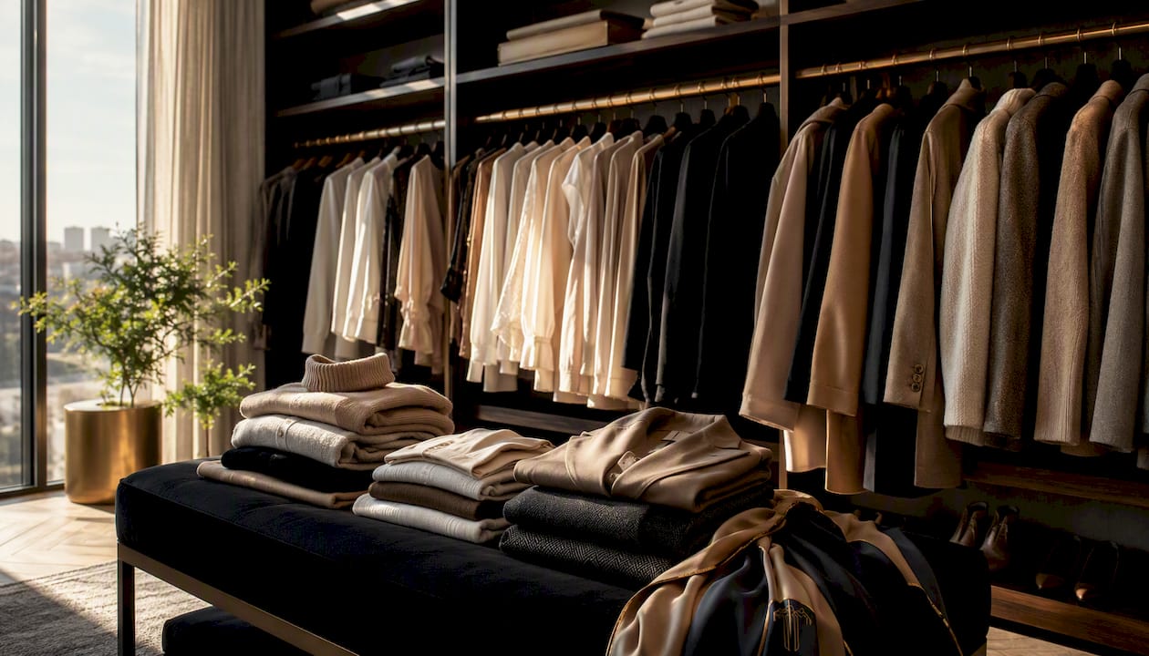 Modern closet showing layered seasonal outfits