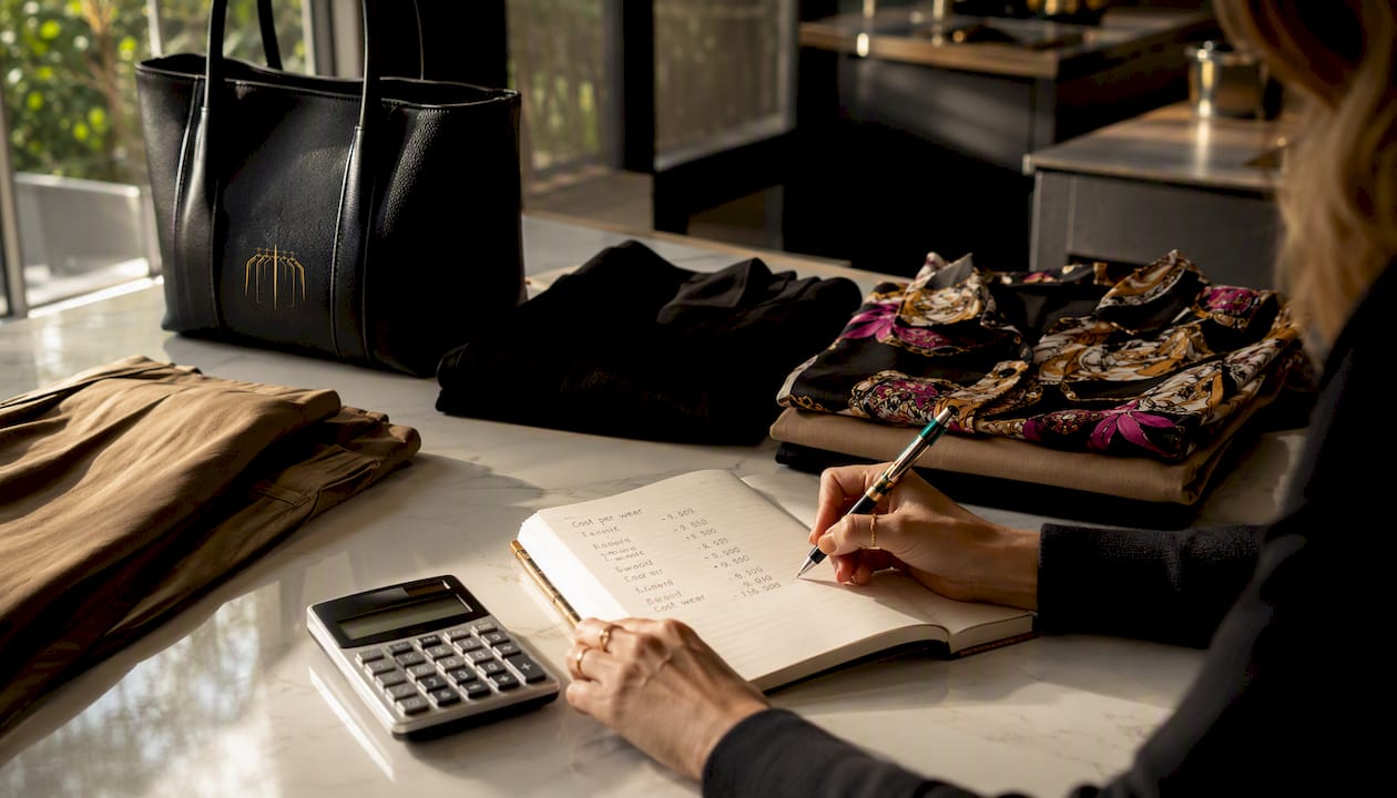 Hands calculating outfit cost-per-wear at desk