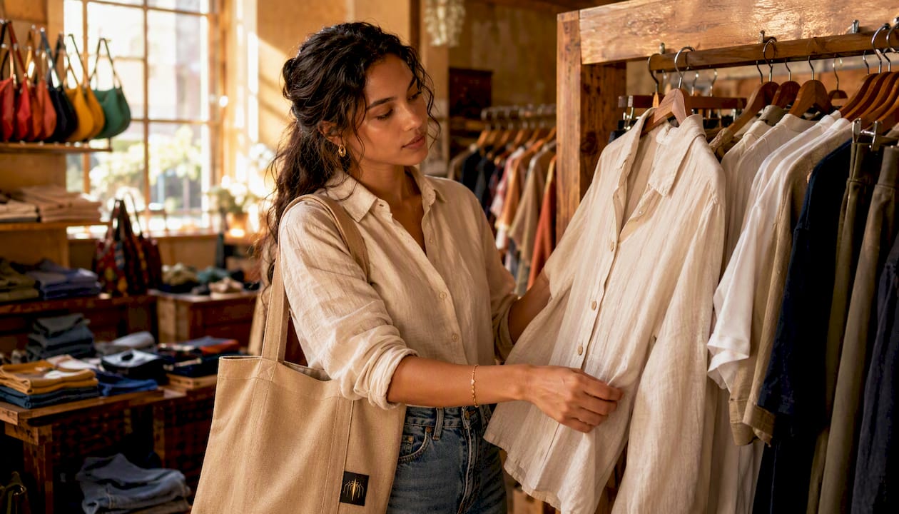 Woman shopping affordable clothes in boutique store