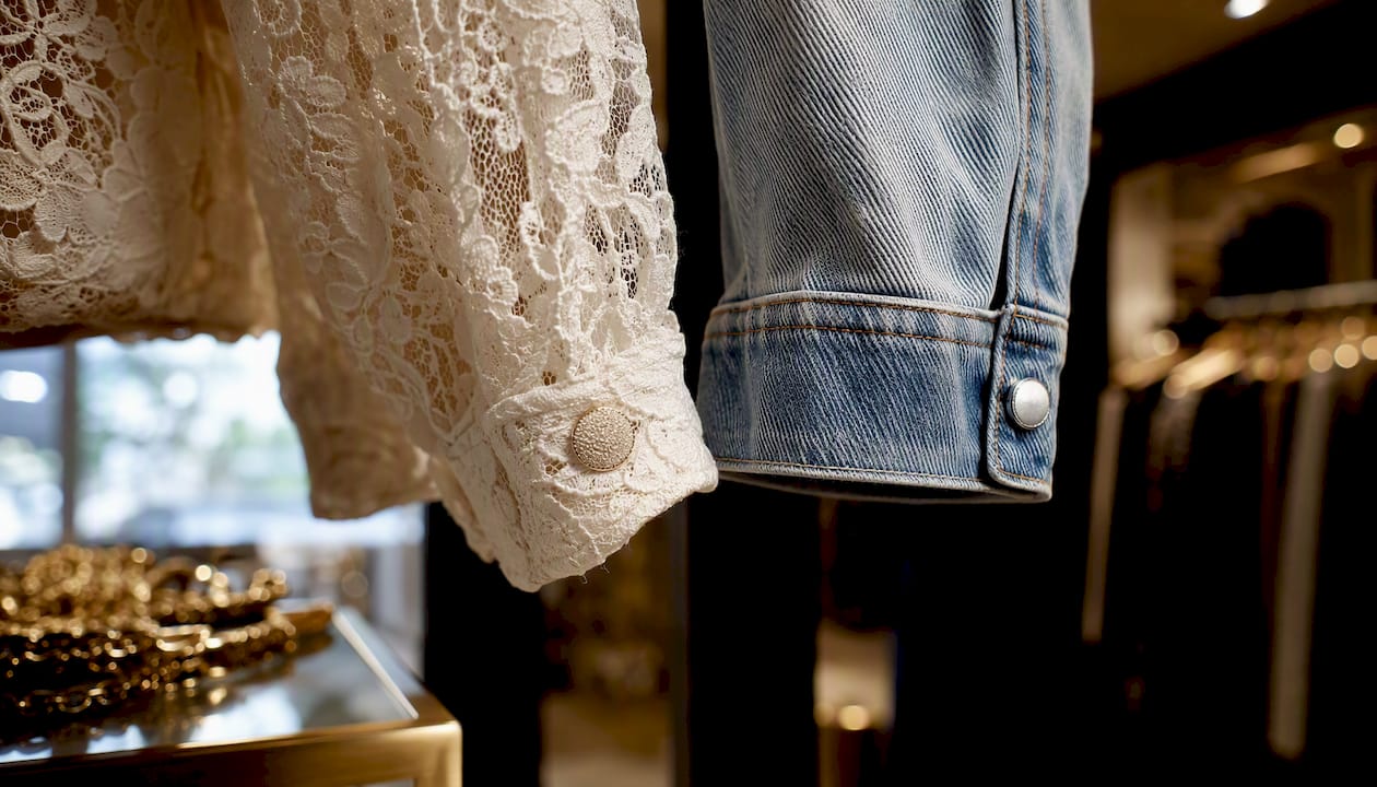 Close-up of vintage blouse and new blazer sleeves