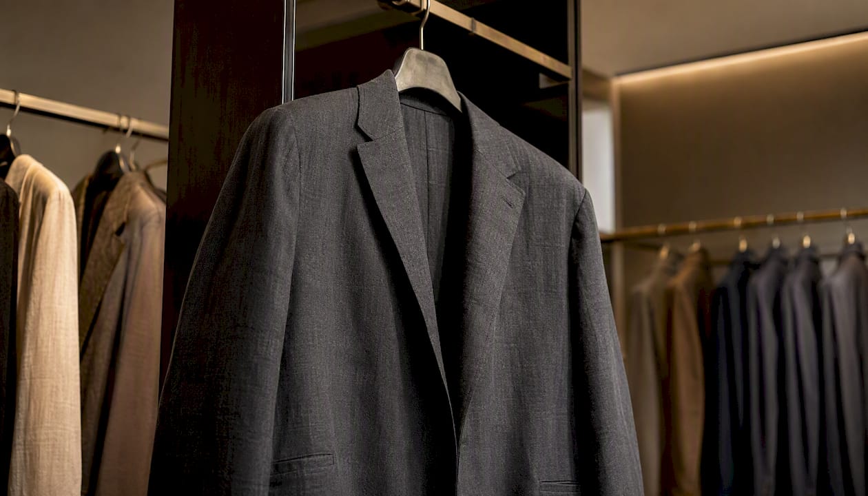 Une veste de costume souple suspendue dans la penderie