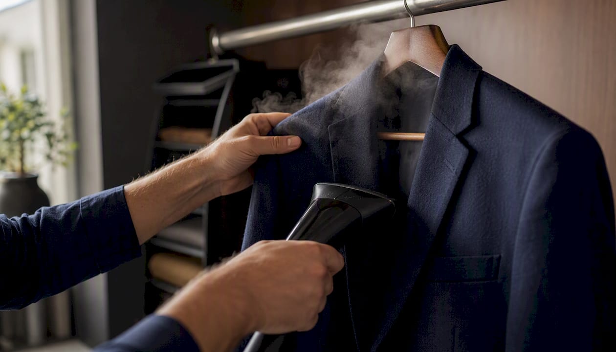 Zoom sur le repassage à la vapeur d’un blazer : gros plan sur le tissu travaillé par un homme.