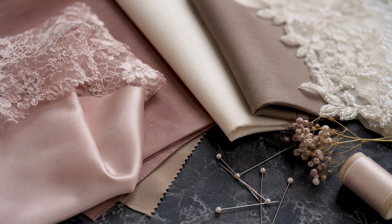 Échantillons de tissus présentant des teintes délicates pour des tenues de mariage