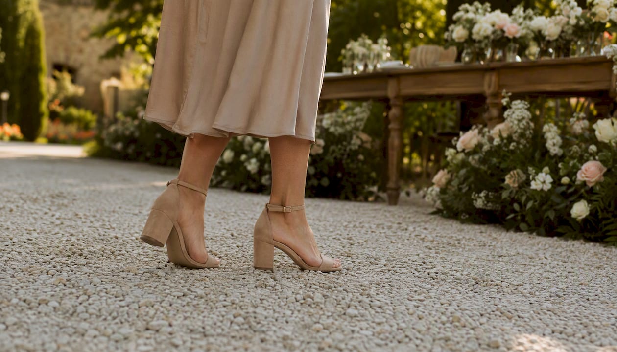 Une invitée de mariage essaie ses chaussures sur le chemin en gravier pour voir si elle pourra marcher sans difficulté pendant la cérémonie.