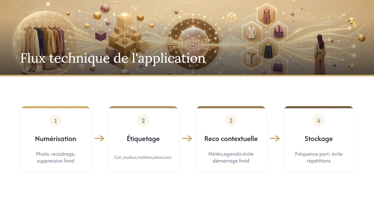 Schéma des différentes étapes de fonctionnement d’une application de garde-robe intelligente basée sur l’IA