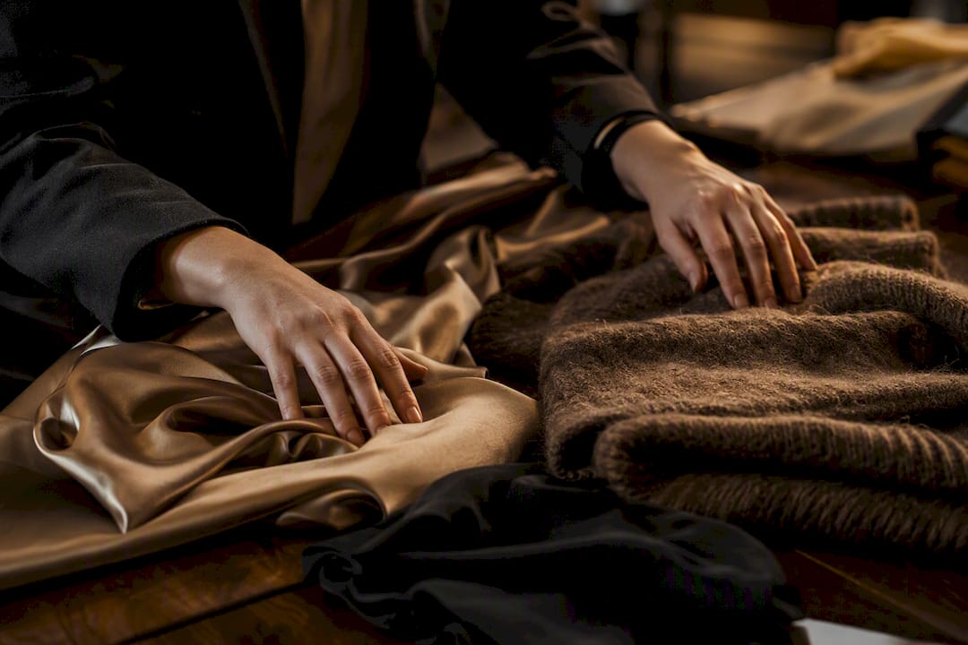 Des mains effleurent différentes matières textiles, révélant la richesse de leurs textures en gros plan.