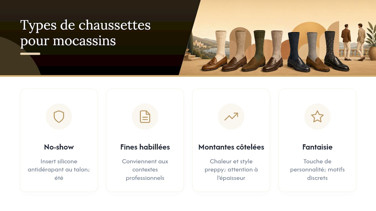 Tableau comparatif des différents types de chaussettes à porter avec des mocassins