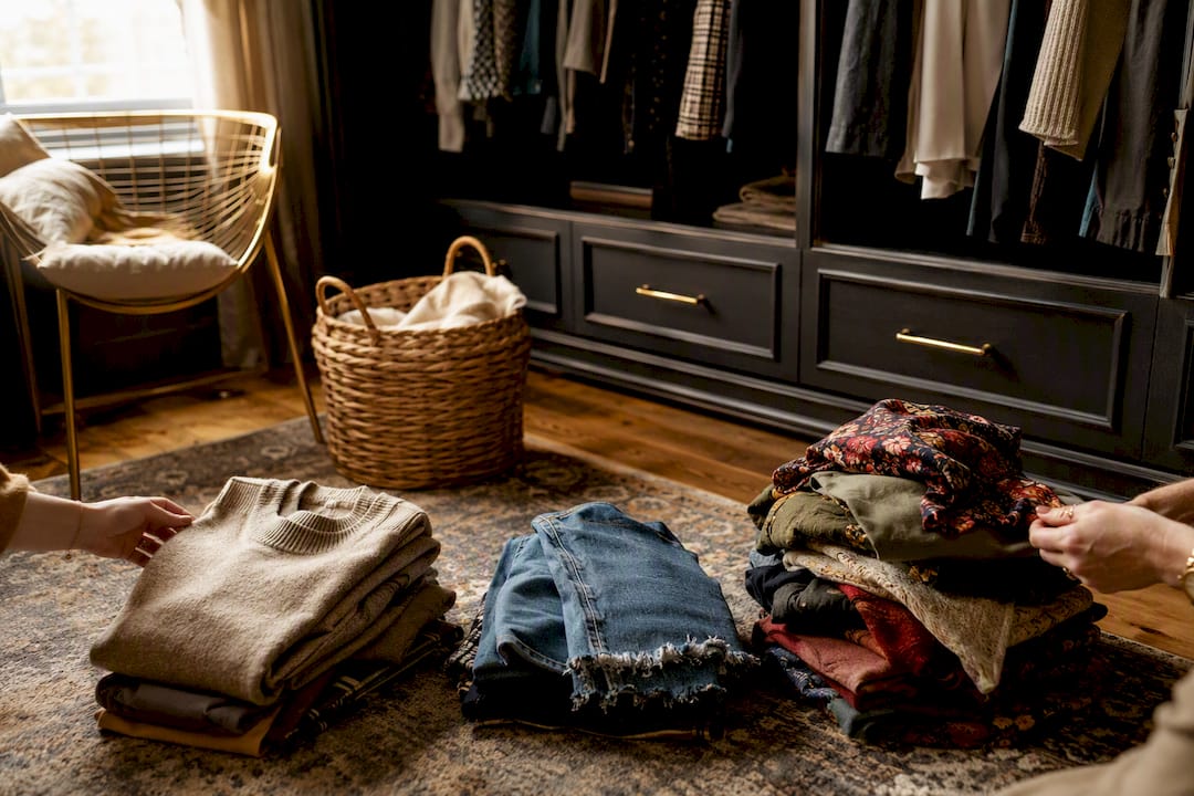 Three clothing piles for keep, mend, donate