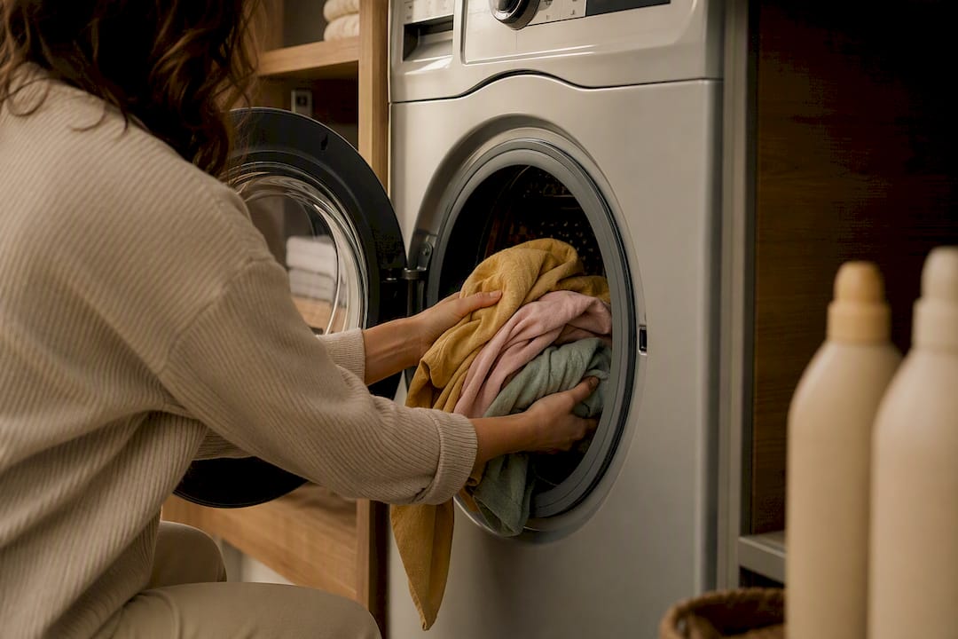 Hands loading clothes into washing machine