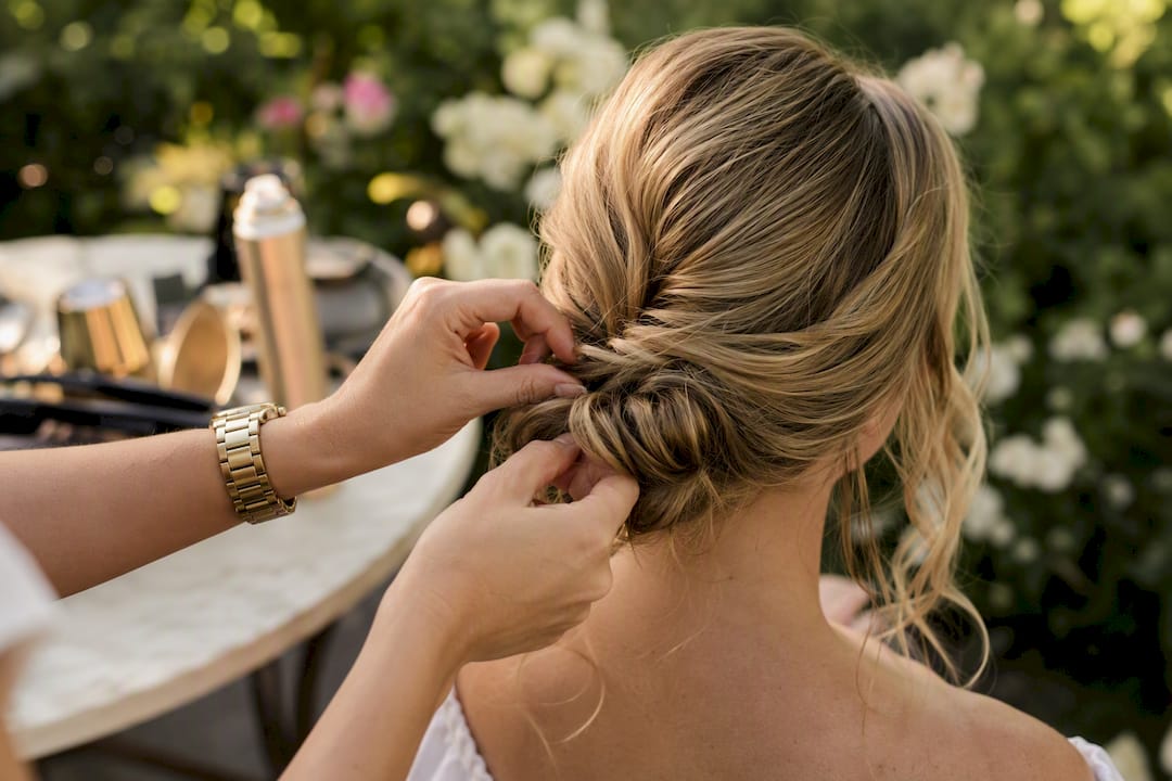 Stylist securing hair into low chignon