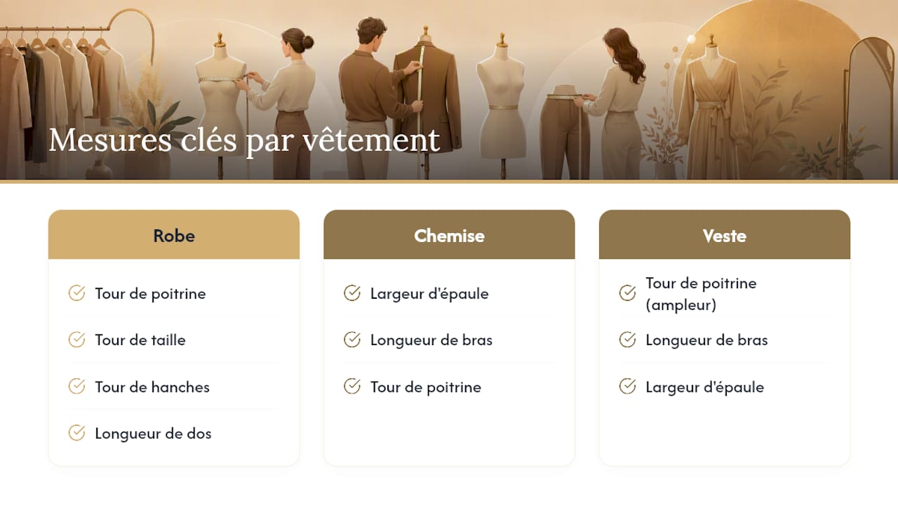 Schéma des principales mesures selon le type de vêtement