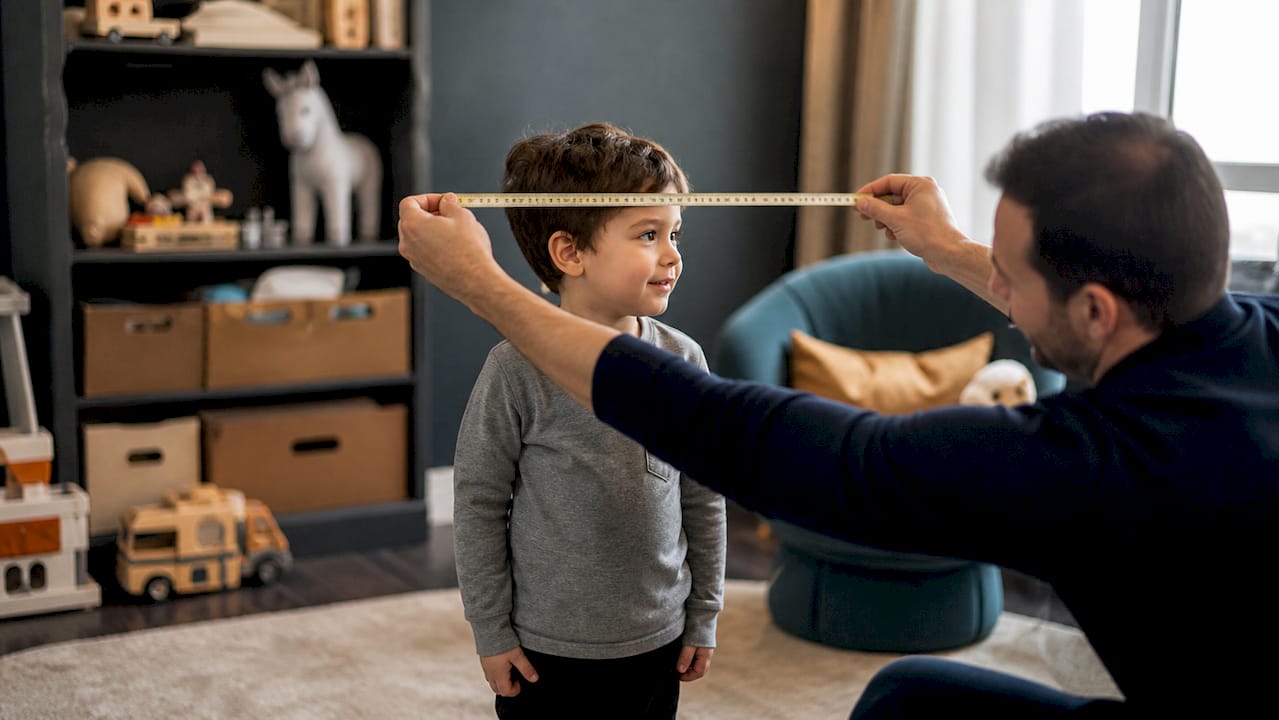 Enfant debout pendant que sa taille est mesurée avec un mètre ruban